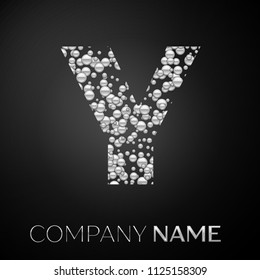 Letter Y logo silver dots. Alphabet logotype with abstract silver bubbles shape on black background. Vector template for your design