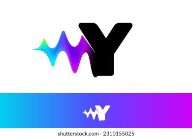 Letter Y logo with sound wave flow. Vibrant line glitch effect. Multicolor neon gradient icon. Vector font for audio label, multimedia company advertising, DJ posters, game screens, music identity.
