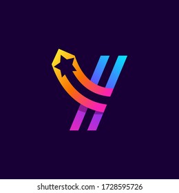Letter Y logo with star inside. Vector parallel lines icon. Perfect font for multicolor labels, space print, nightlife posters etc.