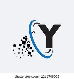 letter Y logo symbol in the colorful circle with shattered blocks on white background. Pixel Motion. Template for your design