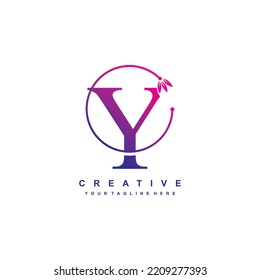 letter Y logo template with blue and purple gradient colors with floral ornaments and circular lines. elegant and luxurious letter Y logo design. beautiful letter Y logo vector. icon Y