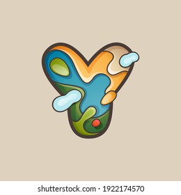 Letter Y logo with topographic map line pattern. Outdoor adventure emblem with mountain, ocean, hills, forest, desert, and clouds.