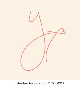 Letter y logo.Calligraphic icon isolated on light background. Lettering sign with heart outline. Pink lowercase alphabet initial.Elegant, feminine, whimsical, wedding script character shape.