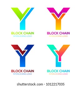 Letter Y logos Colorful shape with Blockchain Technology and Abstract Interlocking, Bitcoin Cryptocurrency data, Digital connect link network Concept
