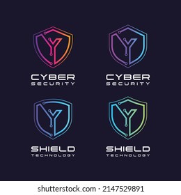 Letter Y-Logo mit Line Dots und Cyber Shield Security Logo Digital Technology Business Company
