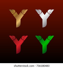 Letter Y logotype with Thai art style, Metallic Glossy texture, Gold and Silver, Red and Green, Beautiful Luxury, Thai vintage Logo for your Corporate identity