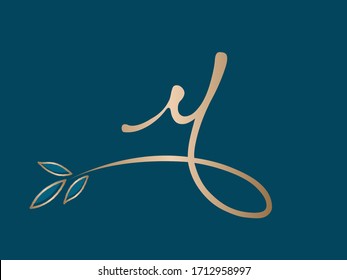 Letter Y Logo.Typographic Icon Isolated On Dark Navy Background. Script Lettering Sign With Leaves Shape. Golden Lowercase Alphabet Initial.Luxury, Fresh, Natural Hand Drawn Style Calligraphy.