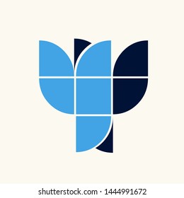 Letter Y logo.Typographic icon with uppercase double letter y.Lettering sign.Alphabet initial in blue color isolated on light background.Modern, web, corporate style. YY monogram.Overlapped shapes.