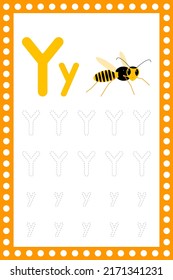 Letter Y lowercase. Worksheet. Children's education. Yellowjacket illustration. Vector typeset. Alphabetical font. Preschool training.