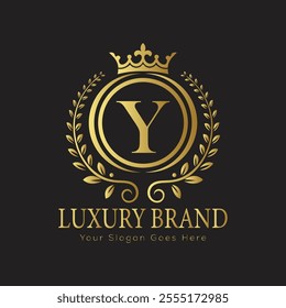 Letter Y luxury gold logo concept brand logo design with a royal gold crown emblem and elegant typography
