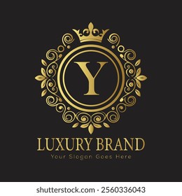 Letter Y luxury gold logo concept brand logo design with a royal gold crown emblem and elegant typography
