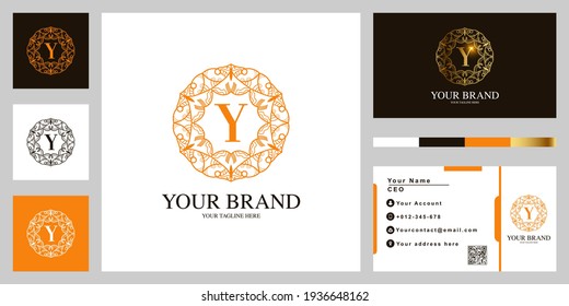 Letter Y luxury ornament flower frame logo template design with business card.