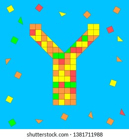 Letter Y made of colored squares and triangles. Mosaic font.