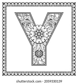 Letter Y made of flowers in mehndi style. coloring book page. outline hand-draw vector illustration.