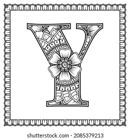 Letter Y made of flowers in mehndi style. coloring book page. outline hand-draw vector illustration.