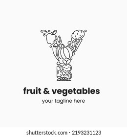 Letter Y made of fruit and vegetables. Organic food logo concept. Stock vector illustration.