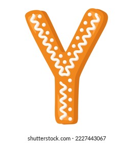 Letter Y made from glazed gingerbread. Festive font, symbol of Happy New Year and Christmas, sign and letters of different shapes. Vector flat illustration