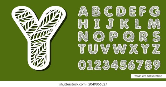 Letter Y made of leaves. Eco font for spring, summer, autumn. Theme of plants, nature. White symbol on green background. Template for printing, plotter laser cutting of paper, cnc. Vector illustration