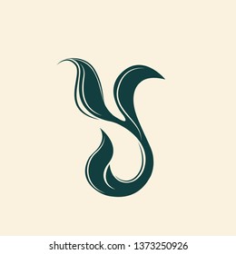 Letter Y made of leaves.Organic elements typographic logo.Lettering icon with natural details.Style, cosmetics, ecological food and health initial illustration in dark green color.
