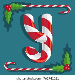 Letter Y, the mark of red and white sweets sweet candy cane on turquoise background, illustration, vector