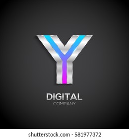 Letter Y with metallic texture,3d Glossy, Digital and Technology, metal texture,  silver, steel and realistic shadow for logo, Vector illustration