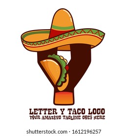 Letter Y Mexican Meat Taco Dishes with Sombrero Hat Vector Logo Design Illustration Food on White Background for Restaurant and Cafe. Initial Typography Logotype Template