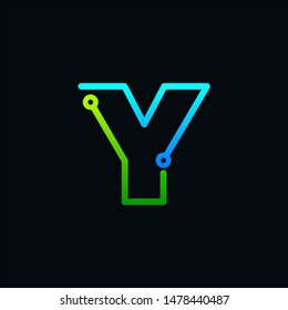 Letter Y mono line logo with element chip, Connect concept ,  symbol, green and blue color, Technology and digital abstract dot connection - vector