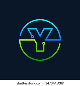 Letter Y mono line logo with element chip, Connect concept , Circle shape symbol, green and blue color, Technology and digital abstract dot connection - vector