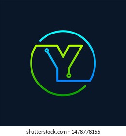 Letter Y mono line logo with element chip, Chip , Connect concept , Circle shape symbol, green and blue color, Technology and digital abstract dot connection - vector