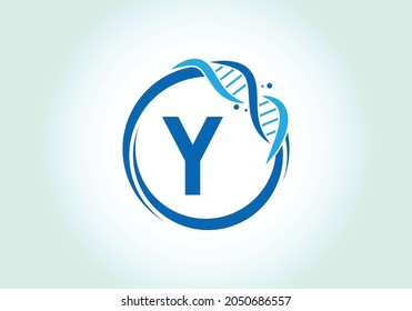 Letter Y monogram alphabet in a circle with DNA. Genetics logo design concept. Font emblem. Modern vector logo for medicine, science, laboratory, business, and company identity