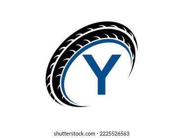 Letter Y monogram alphabet With a Sport Car Automotive Car Repair Logo Design Concept With Transport Tire Icon Vector Template.