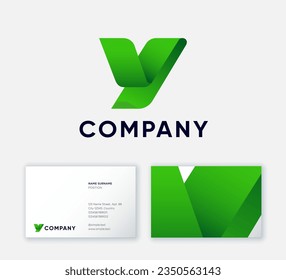 Letter Y.  Y monogram consists of bended green ribbon or paper strip. Corporate style. Business card template.