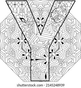 Letter Y monogram, engraving design on mandala for coloring. Vector illustration.