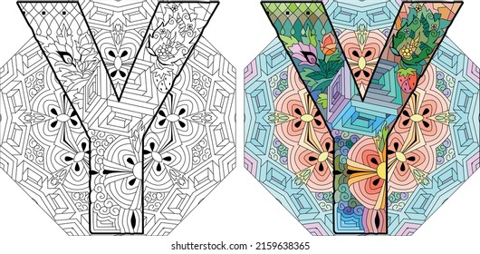 Letter Y monogram, engraving design on mandala for coloring. Vector illustration. Color and outline set