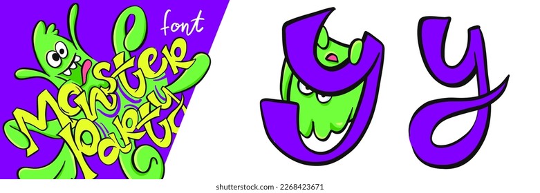 Letter Y from the Monster party alphabet font. Large and small cartoon style letters set with cute monsters behind them for children, kindergarten, school, education, home party decor illustration
