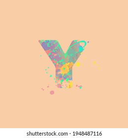 Letter Y with multicolored mixed spots of pink, yellow, blue, turquoise paint on peach background. Design for banners, flyers, tags, decorations, poster or invitation.
