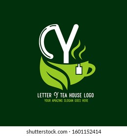 Letter Y Organic Tea House Logo Template Design Vector Illustration with Cup on Green Background.Hot and Cold Beverage Logo for Company.Corporate. Business.Bar.Café.Restaurant