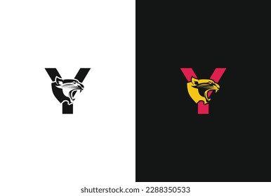 Letter Y with panther head illustration in flat design monogram symbol. Y panther head icon logo vector.