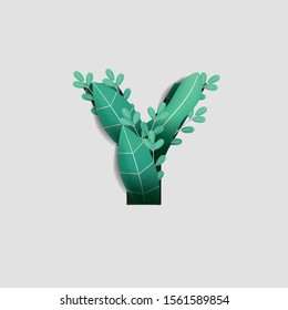 Letter Y Paper Cut Style Design With Green Leaf Beautiful Ornament Handcraft White Background. Vector Stock Illustration