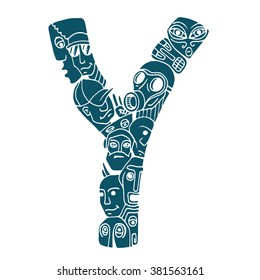 Letter Y. People crowd. Isolated alphabet design. Hand drawn vector illustration in cartoon style