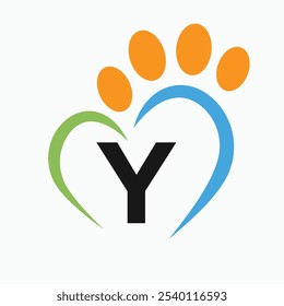 Letter Y Pet Logo Design Concept With Paw and Heart Symbol Vector