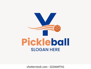 Letter Y Pickleball Logo Concept With Moving Pickleball Symbol. Pickle Ball Logotype Vector Template