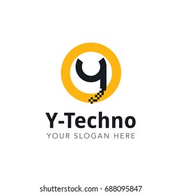 Letter Y Pixel Logo Design Template With Yellow Circle Isolated on White Background. Vector Illustration