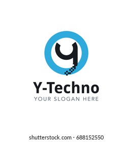 Letter Y Pixel Logo Design Template With Blue Circle Isolated on White Background. Vector Illustration