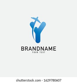 Letter Y with plane and airline inside. Vector typeface for flight labels, travel headlines, delivery posters, aviation cards etc.