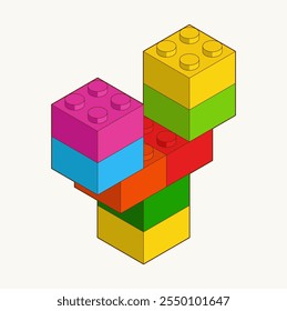 Letter Y from Plastic building blocks. Colored bricks isolated on white background. Vector isometric 3d illustration.