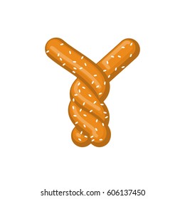 Letter Y pretzel. snack font symbol. Food alphabet sign. Traditional German meal is ABC. Bake