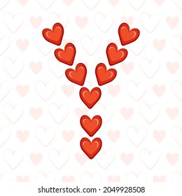 Letter Y from red hearts on seamless pattern with love symbol. Festive font or decoration for valentine day, wedding, holiday and design