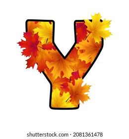 The letter Y with red, yellow, orange maple leaves with black border isolated on white background. Vector Holiday illustration for postcard, banner, cards, web, design, advertising.