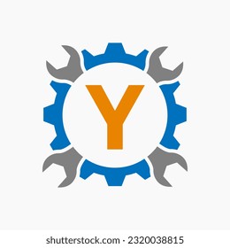 Letter Y Repair Logo Gear Technology Symbol. Construction Service Logo Design